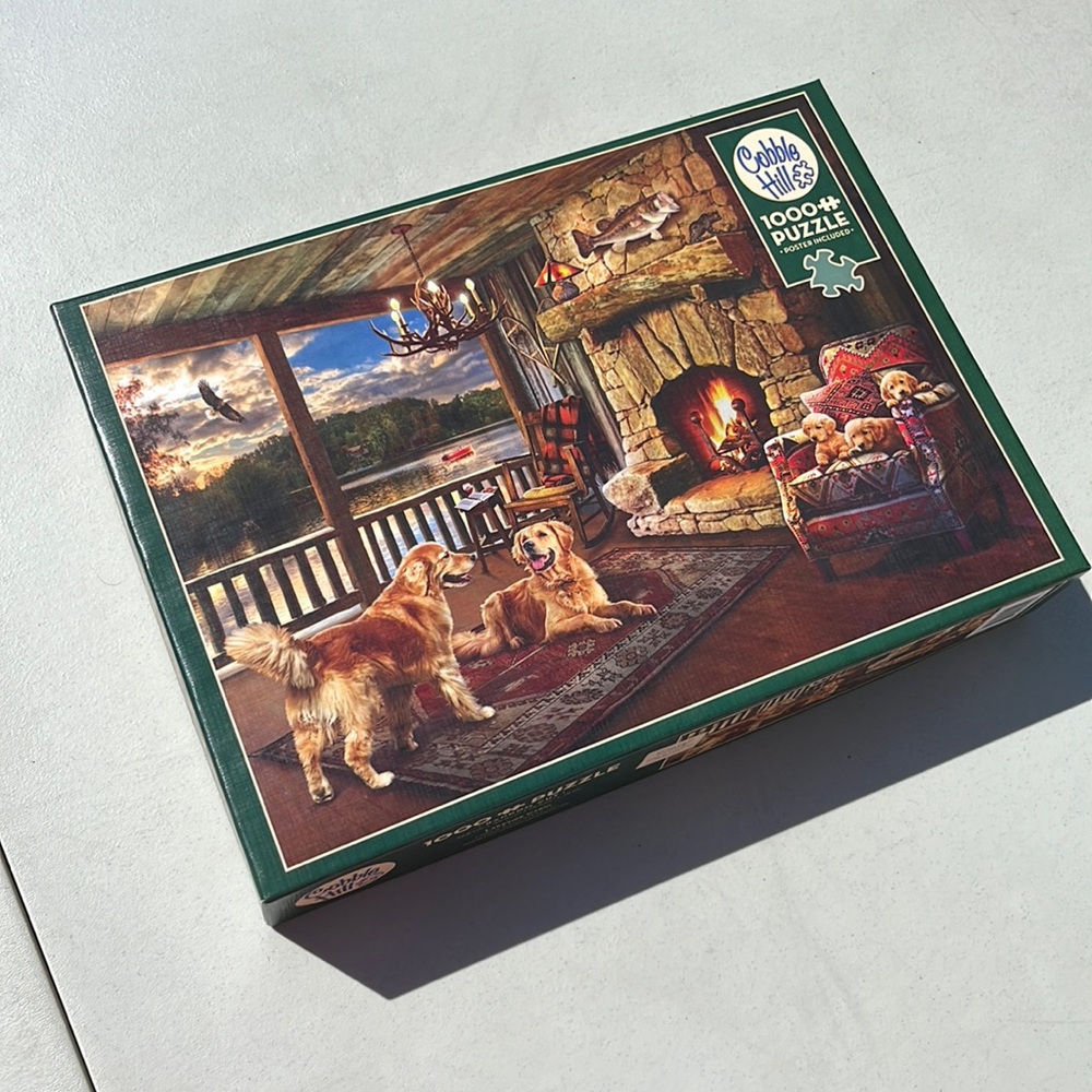 Cobble Hill 1,000 Piece Puzzle, Cozy Lakeside Cabin Scene Dog Fireplace & Poster